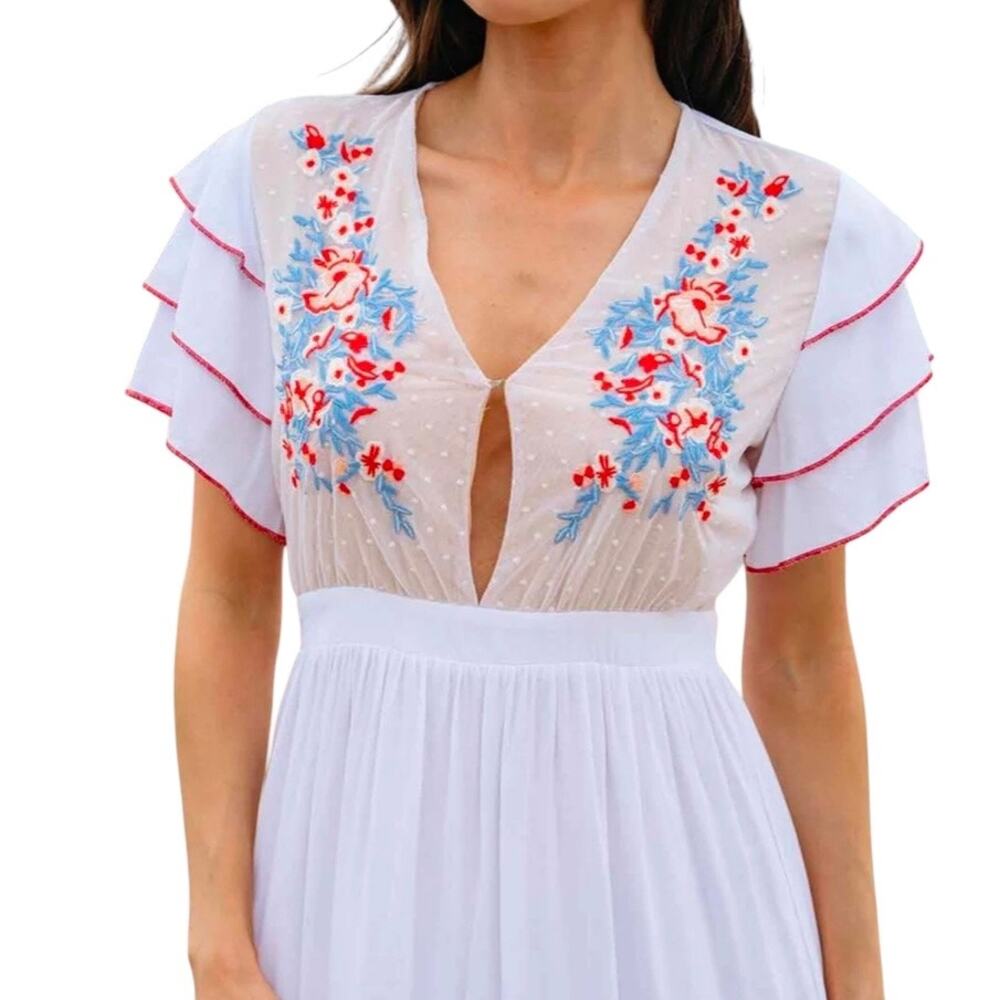 White Lace Floral Embroidered Plunge Ruffle Sleeve Boho Cottage Maxi Dress S New - Picture 2 of 16